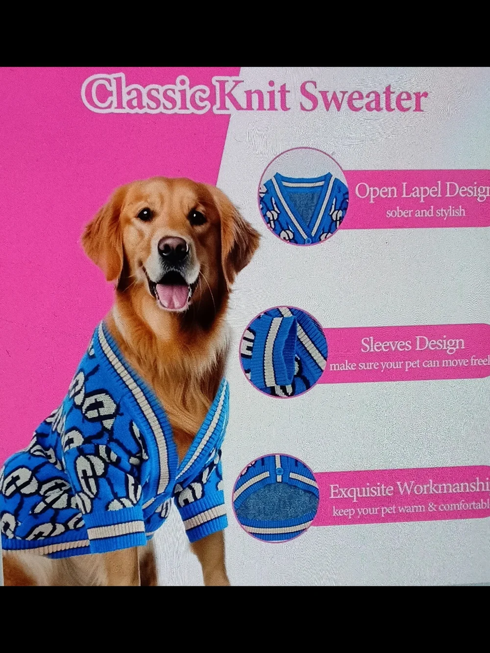 On the roll knit Dog 🐶 sweater pet blue and cream Size L